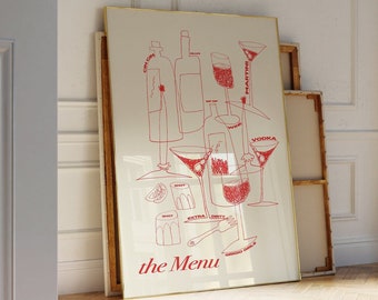 Red Cocktail Dinner Party Poster, Funky Wine and Martini Wall Art | Apartment Decor | Bar Cart Apartment Decor For Wine and Cocktail Lovers