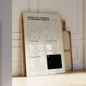 Vintage Dinner Party Anleitung Poster, Hand Illustriert Funky Art | Wohnung Dekor, Trendige Wand Kunst | Barwagen Dekor für Weinliebhaber