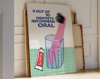 Arte de la pared de la salud bucal del cepillo de dientes, decoración del baño ilustrada a mano / decoración del apartamento, arte de la pared de moda / decoración del baño para los apartamentos