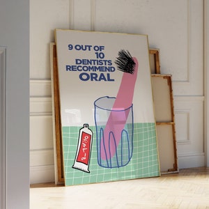 Toothbrush Oral Health Wall Art, Hand-Illustrated Bathroom Decor | Apartment Decor, Trendy Wall Art | Bathroom Decor for Apartments
