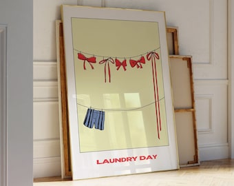 Red Bow Art Poster, Laundry Coquette Wall Art, Hand-Illustrated | Apartment Decor,Trendy Wall Art | Coquette Room Decor for Apartments