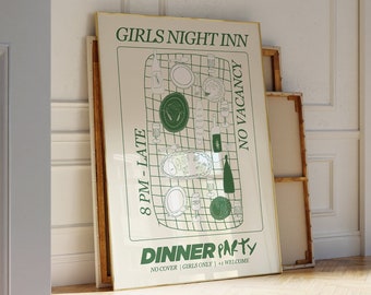 Affiche de fête de dîner avec des amis, art mural vintage illustré à la main | Décor d’appartement | Décor d'appartement avec chariot de bar imprimable pour les amateurs de vin