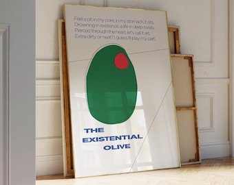 Olive Existential Art Poster, Funky Martini Wall Art | Apartment Decor | Bar Cart Apartment Decor For Martini and Cocktail Lovers