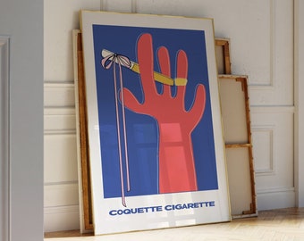 May include: A red hand with a cigarette in its fingers and a pink ribbon tied around the cigarette. The background is blue and the text "COQUETTE CIGARETTE" is at the bottom of the image.
