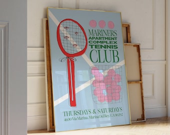 Tennis Club Red Bow Art Poster, Lana Coquette Wall Art, Hand-Illustrated | Trendy Wall Art | Coquette Room Decor for Apartments