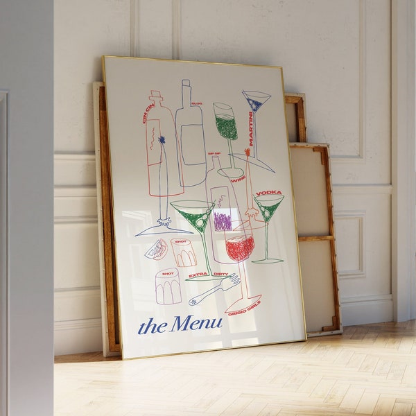 Cocktail Dinner Party Poster, Funky Wine and Martini Wall Art | Apartment Decor | Bar Cart Apartment Decor For Wine and Cocktail Lovers