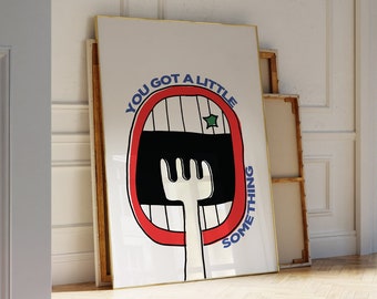 Cartel funky de comida en la boca, impresión de arte ilustrada a mano / decoración de apartamentos, arte de pared de moda / decoración de apartamentos retro para cocinas y carritos de bar