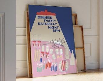 Dinner With Friends Party Poster, Hand Illustrated Funky Art | Apartment Decor,Trendy Wall Art | Coquette Bar Cart Decor For Wine Lovers