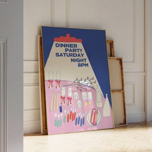 Dinner With Friends Party Poster, Hand Illustriert Funky Art | Wohnung Dekor, Trendy Wandkunst | Coquette Barwagen Dekor für Weinliebhaber
