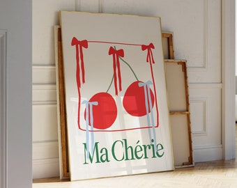 Vintage Red Bow Poster, Ma Cherie Coquette Wall Art, Hand-Illustrated | Apartment Decor,Trendy Wall Art | Coquette Room Decor for Apartments