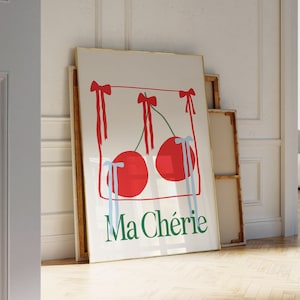 Balletcore Red Bow Poster, Ma Cherie Coquette Wall Art, Hand-Illustrated | Trendy Wall Art | Balletcore Coquette Room Decor for Apartments