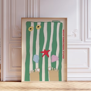 May include: A green and white striped beach towel with a red starfish, two seashells, and a pair of sunglasses. The text "LOOK AT THE SUN" and "WEAR SUNSCREEN, STUPID" is printed on the towel.
