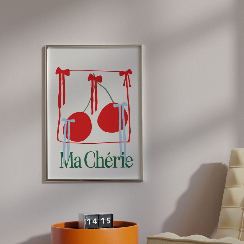 Vintage Red Bow Poster, Ma Cherie Coquette Wall Art, Hand-Illustrated | Apartment Decor,Trendy Wall Art | Coquette Room Decor for Apartments image 3
