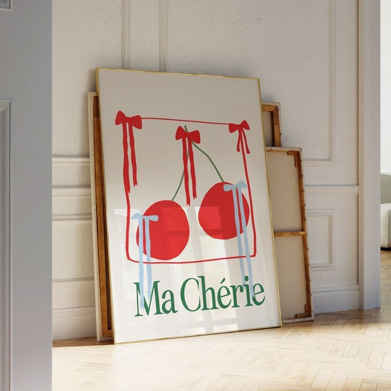Vintage Red Bow Poster, Ma Cherie Coquette Wall Art, Hand-Illustrated | Apartment Decor,Trendy Wall Art | Coquette Room Decor for Apartments