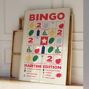 Bingo Martini Art, met de hand geïllustreerde Martini Print, Silly Art, Cocktail Art | Appartementdecoratie Esthetisch | Martini-kunst voor barkarren