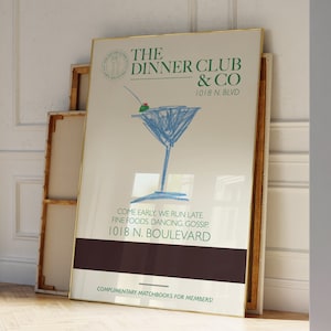 Martini Dinner Club Print, met de hand geïllustreerde Supper Club Poster, Matchbook Art, | Appartementdecoratie Esthetisch | Supper Club-bord voor barkarren