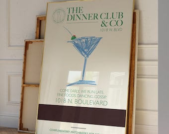 Martini Dinner Club Print, Hand-Illustrated Supper Club Poster, Matchbook Art, | Apartment Decor Aesthetic | Supper Club Sign For Bar Carts