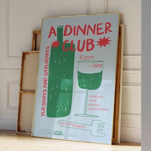Dinner Club Print, Dinner Party Kunst, Hand-Illustriertes Supper Club Poster | Wohnung Dekor Ästhetik | Dinner Club Print für Barwagen