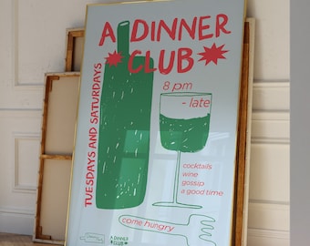 Dinner Club Print, Dinner Party Art, Hand-Illustrated Supper Club Poster | Apartment Decor Aesthetic | Dinner Club Print For Bar Carts