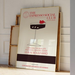 Espresso Martini kunst, met de hand geïllustreerde espresso Martini print, Matchbook kunst | Appartementdecoratie Esthetisch| Espresso Martini-kunst voor barkarren