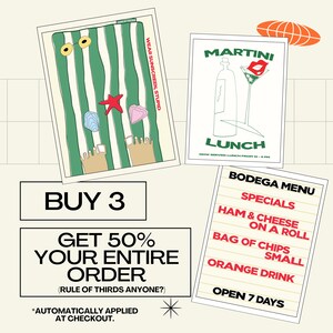 May include: A green and white striped beach towel with a red starfish, two seashells, and two brown feet sticking out of the bottom. The text "LOOK AT THE SUN" is at the top of the towel. The text "WEAR SUNSCREEN, STUPID" is on the right side of the towel. A green and white sign with the text "MARTINI LUNCH" and the text "NOW SERVING LUNCH FROM 12-4 PM" is on the right side of the image. A green and white sign with the text "BUY 3 GET 50% YOUR ENTIRE ORDER (RULE OF THIRDS ANYONE?) *AUTOMATICALLY APPLIED AT CHECKOUT." is in the center of the image. A green and white sign with the text "BODEGA MENU SPECIALS HAM & CHEESE ON A ROLL BAG OF CHIPS SMALL ORANGE DRINK OPEN 7 DAYS" is on the right side of the image.