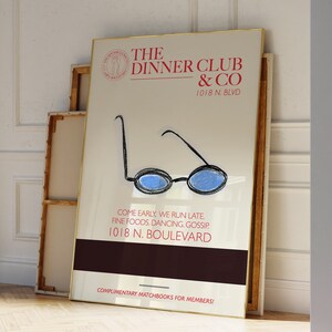 Dinner Club Print, met de hand geïllustreerde Supper Club Poster, Matchbook Art | Appartement Decor Esthetisch, Kamer Decor | Supper Club voor barkarren