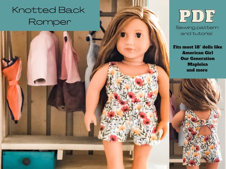 K&ouml;nnte beinhalten: PDF-Schnittmuster und Anleitung f&uuml;r einen Knotenr&uuml;cken-Strampler f&uuml;r Puppen. Passt f&uuml;r 46 cm Puppen wie American Girl, Our Generation, Maplelea und mehr.