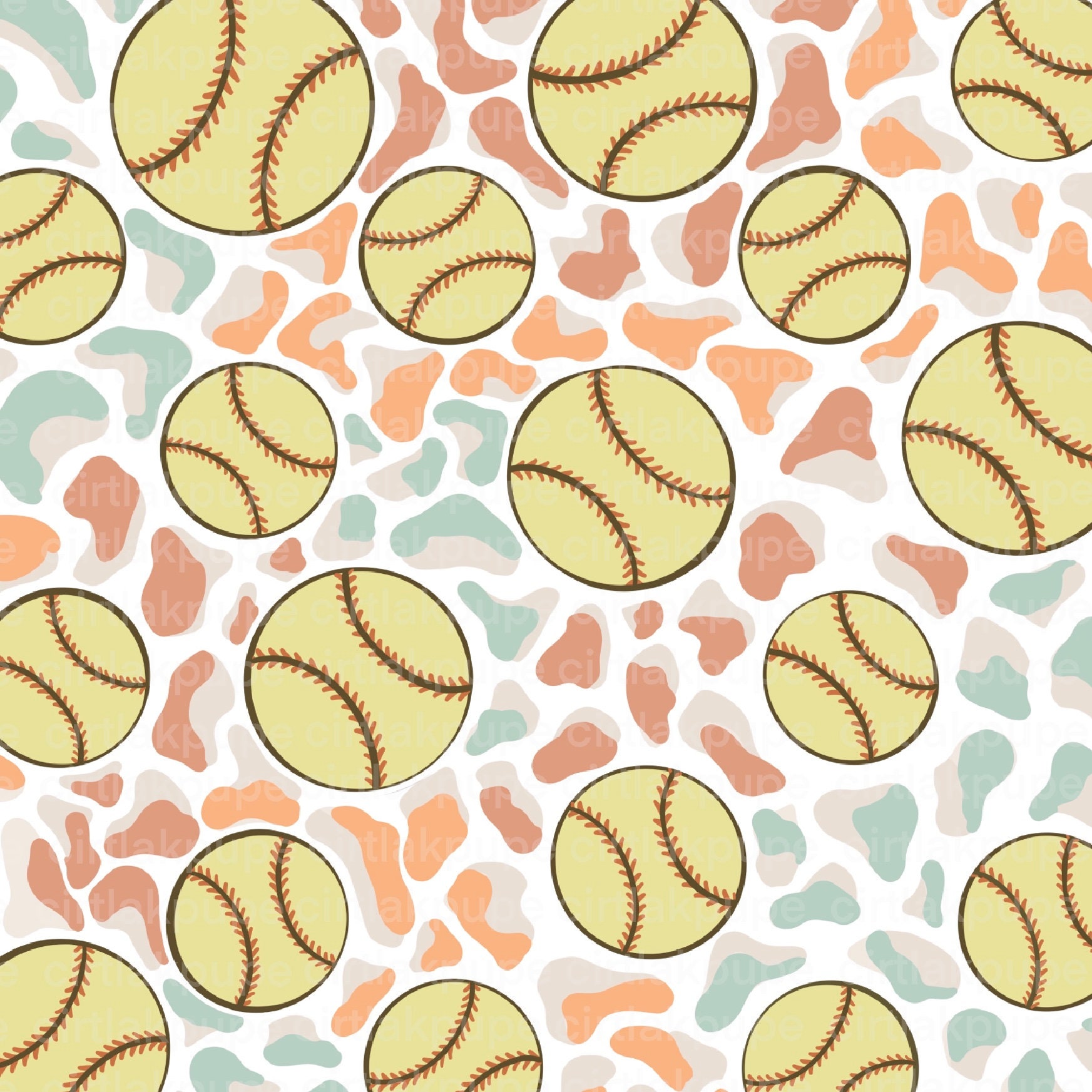 Retro Softball Pattern Seamless Repeat Seamless Softball Leopard
