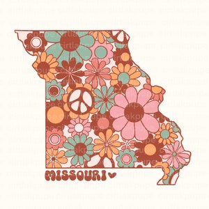 Mapa de la bandera del estado de Missouri popular png, camisa de sublimación de moda retro de Missouri de los Estados Unidos de América png, flor retro hippi de Missouri png