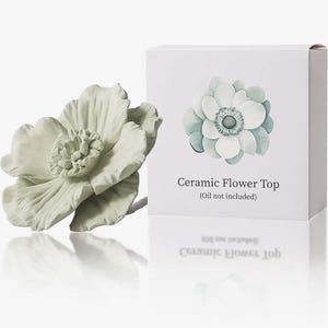May include: A ceramic flower top in a soft green hue, with detailed petals and a textured center, sits beside its packaging. The box features a floral illustration and the text "Ceramic Flower Top (Oil not included)".