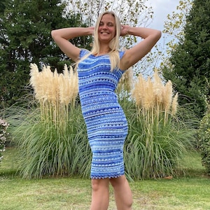 Summer Cotton Crochet Dress 50 Shades of Blue, Lace Crochet Dress, Ruffles Bottom, Short Sleeve Dress