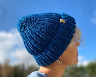 Wool Blue Handmade Beanie, Knit Wool Hat, Winter Knit Hat, Cozy Warm Blue Hat, Wool Big Beanie, Wool Hat for Women,