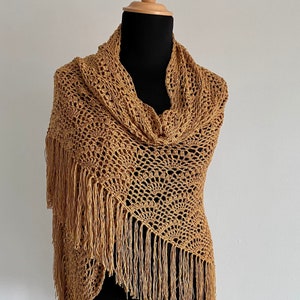 Beige Shawl Crochet Handmade Lace, Crochet Cotton Shawl, Shawl for Ladies, Boho Lace Shawl, Handmade Fringe Shawl,Cotton shawl with Tassels