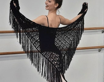 Châle noir en dentelle avec pompons faits main, châle de ballet en soie et coton au crochet, châle pour femme, châle en dentelle bohème, châle flamenco fait main à franges