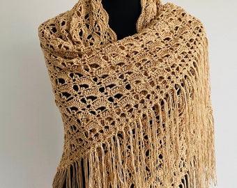 Light Beige Shawl Crochet Handmade Lace, Crochet Cotton Shawl, Shawl for Ladies with Tassels, Boho Lace Shawl, Handmade Fringe Shawl,