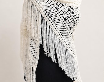 Ivory Crochet Shawl: Handmade Boho Lace Wrap with Silk Effect Fringe
