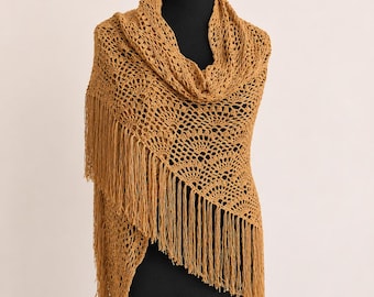 Golden Honey Crochet Shawl, Boho Lace Wrap, Fringe Shoulder Scarf, Handmade Elegant Accessory