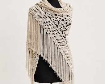 Milky Beige Crochet Shawl: Signature Lace Wrap, Boho Fringe Scarf, Soft Microfiber
