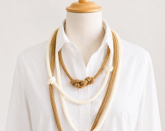 Handmade Knitted Scarf Necklace, Boho Textile Jewelry