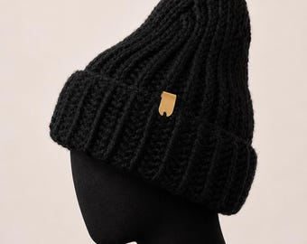 Gorro de lana negro tejido a mano, unisex, para invierno.
