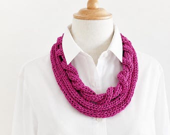 Handmade Pink Knitted Scarf Necklace, Bohemian Textile Jewelry