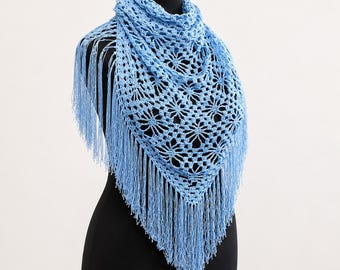 Light Blue Crochet Shawl: Handmade Cotton Lace Fringe Shawl