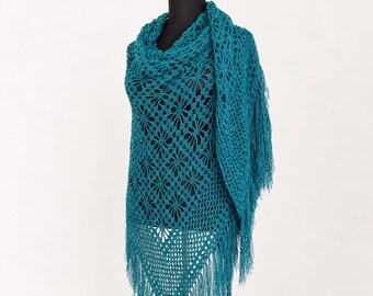 Handmade Ocean Blue Crochet Shawl: Lurex Lace Tassels