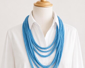 Boho Textile Jewelry Handmade, Blue Knitted Scarf Necklace