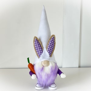 Easter Bunny Gnome Holding Carrot, Purple Easter Bunny Gnome, Purple and White Beard Gnome, Purple Gingham Spring Gnome with Sneakers