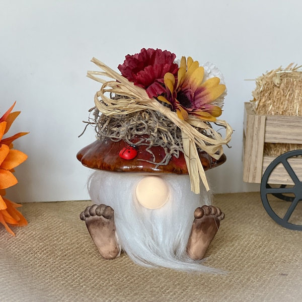 Gnome de champignon assis, Gnome de chapeau de chapeau de champignon de fleur blanche jaune rouge, barbe blanche, Gnome brun rouge avec les pieds sales, mousse espagnole, coccinelle