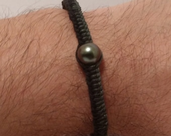 Pulsera unisex de cáñamo con perlas AA+ y perla negra de Tahití