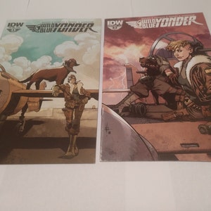 May include: Two comic book covers featuring a woman and a dog in a futuristic setting. The covers are titled "Wild Blue Yonder" and feature a woman in a brown leather jacket and a dog with brown fur. The first cover has a light blue background with clouds, while the second cover has a red background with lightning.