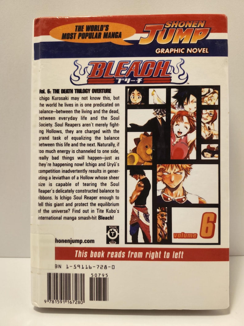 Puede incluir: Volumen 6 del manga Bleach, con la Obertura de la Trilog&iacute;a de la Muerte. La portada muestra ilustraciones de personajes y el t&iacute;tulo en negrita. La contraportada incluye un resumen de la historia y el logotipo de Shonen Jump.