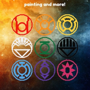 Può includere: Nove diversi loghi circolari colorati con simboli al loro interno. I loghi sono per il DC Comics Lantern Corps. I colori sono rosso, arancione, giallo, bianco, verde, nero, blu, viola e rosa.